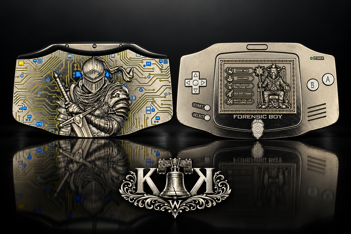 Aston detective unit challenge coin shaped like a handheld game console, front and back