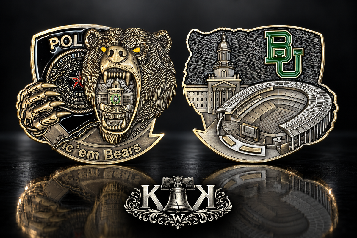 Baylor University Police bear challenge coin, front and back