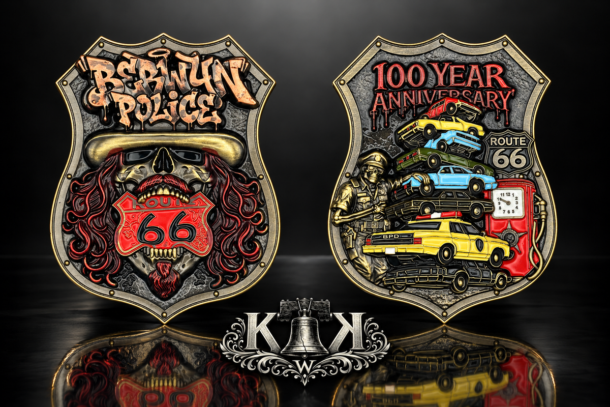 Berwyn Police 100-year anniversary Route 66 challenge coin, front and back