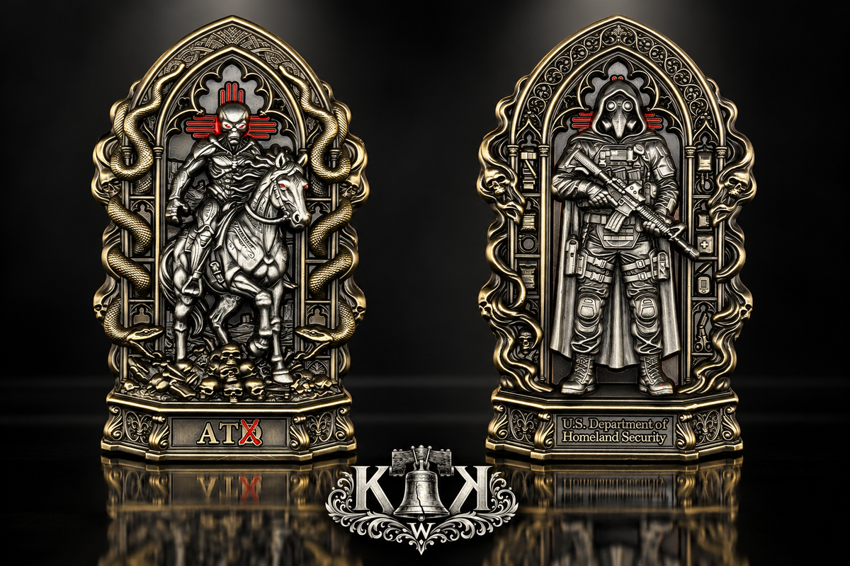 U.S. Border Patrol Academy arch challenge coin with horseback rider design, front and back