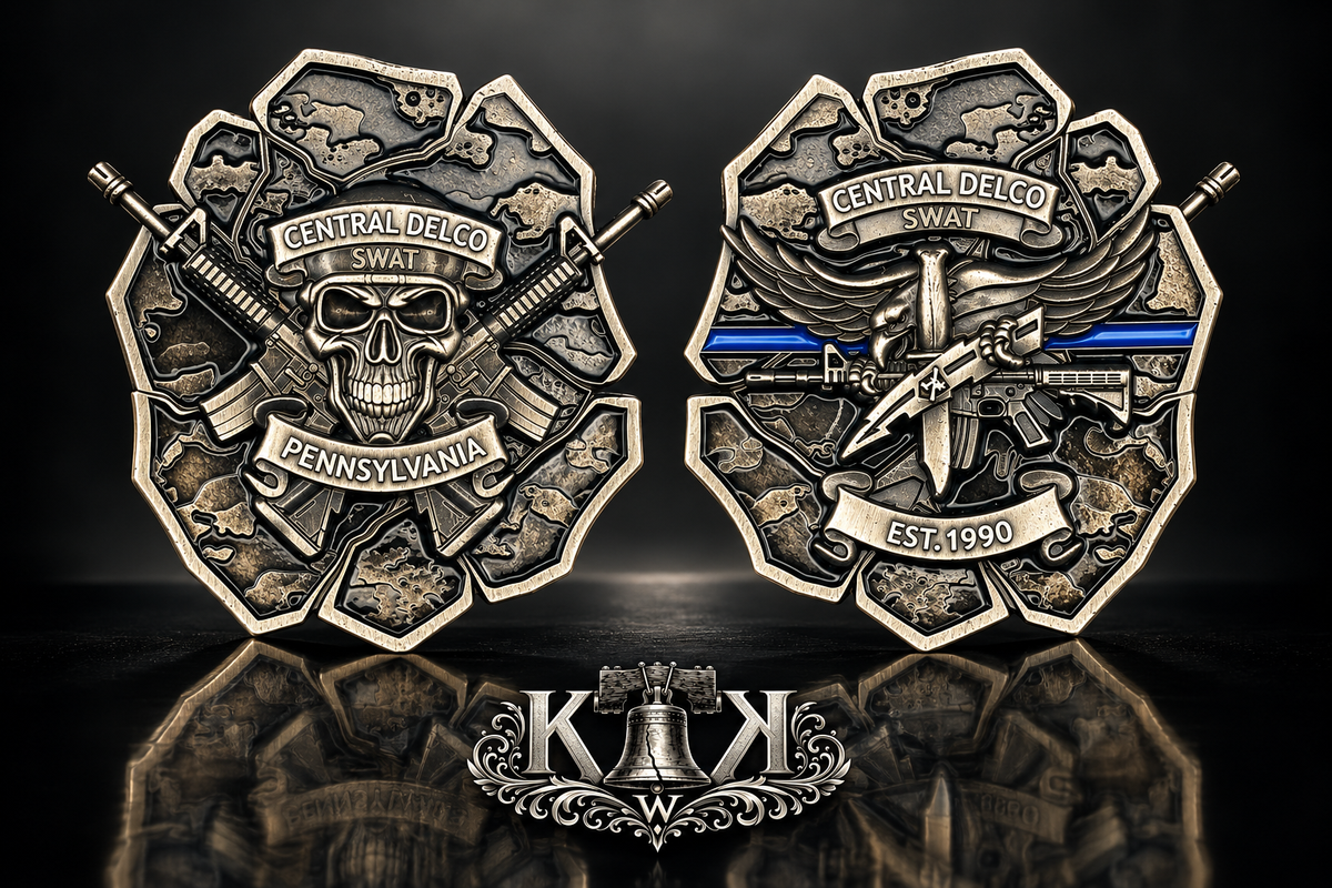Central Delco SWAT challenge coin with skull and crossed rifles, front and back