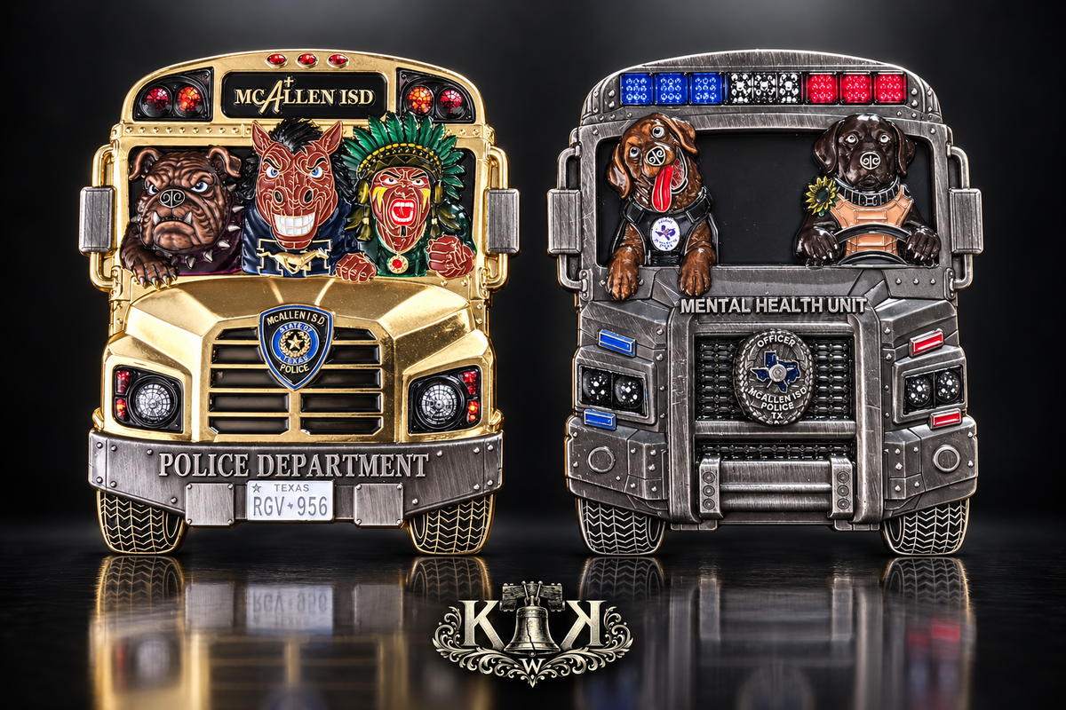 McAllen ISD Police school bus challenge coin with K9 mental health unit design, front and back