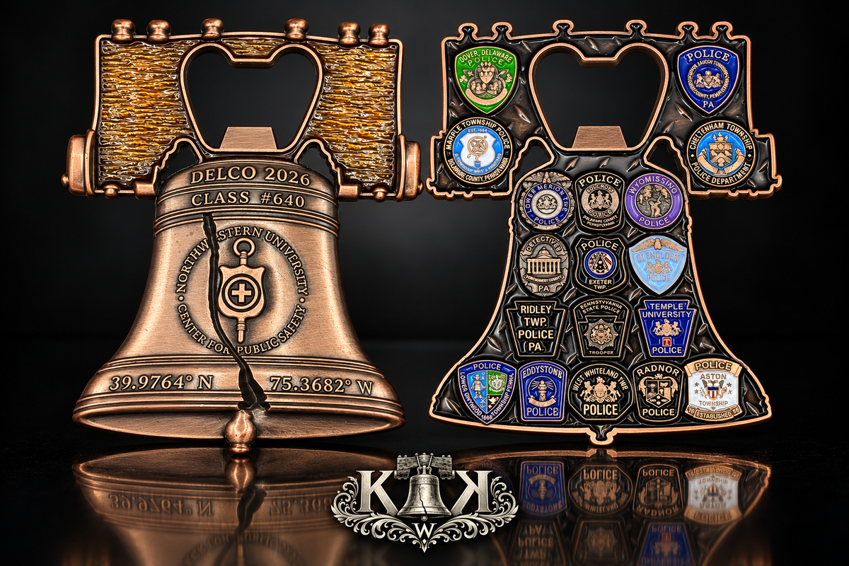 Delaware County public safety Liberty Bell bottle opener challenge coin, front and back