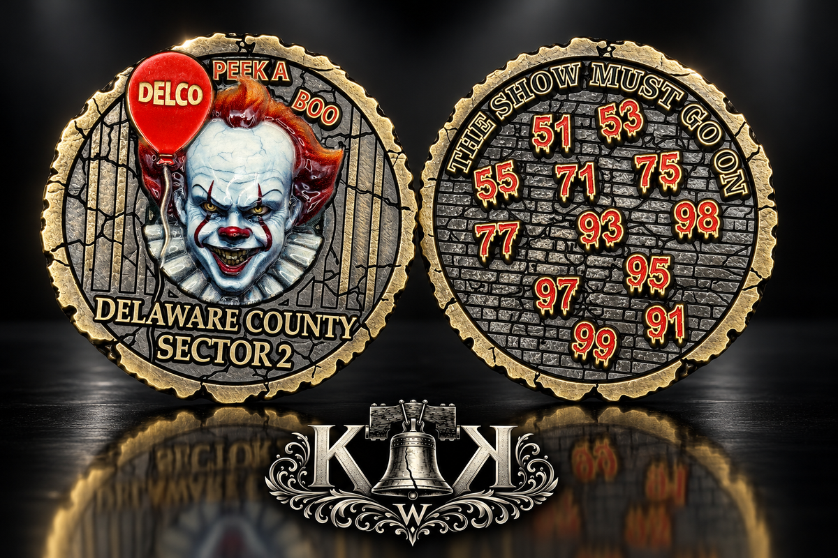 Delaware County Sector 2 police challenge coin with clown and red balloon design, front and back
