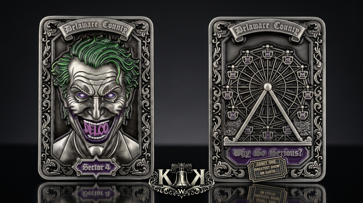 Delaware County Sector 4 challenge coin with Joker design, front and back