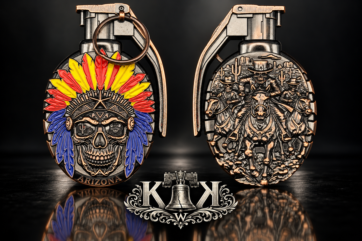 HSI Arizona grenade-shaped challenge coin with headdress skull, front and back