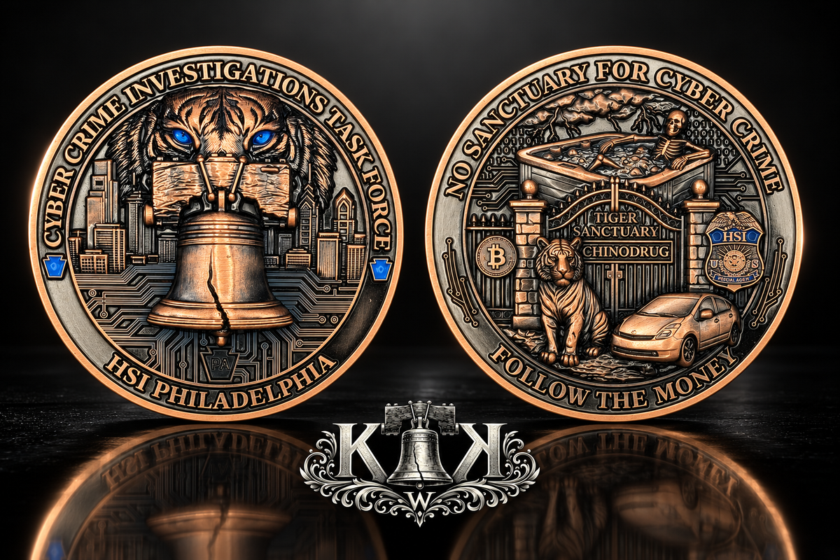 HSI Philadelphia cybercrime task force challenge coin with Liberty Bell design, front and back