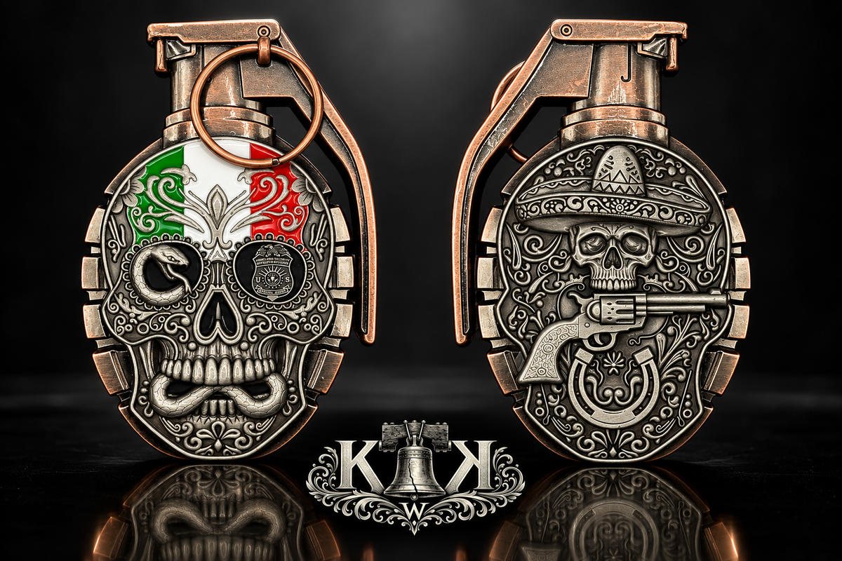 HSI Rio Grande Valley grenade-shaped challenge coin, front and back