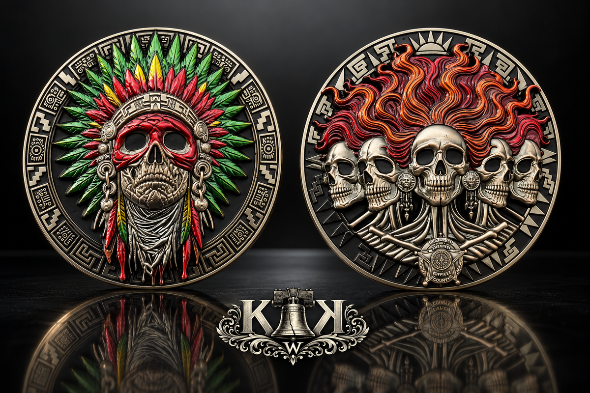 Hidalgo County challenge coin with red headdress skull design, front and back