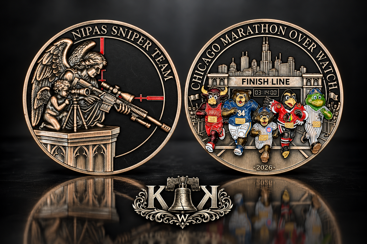 NIPAS sniper team Chicago Marathon challenge coin, front and back