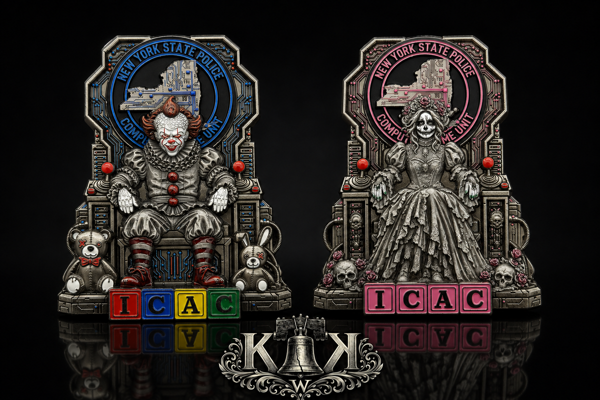New York State Police ICAC cyber throne challenge coin, front and back