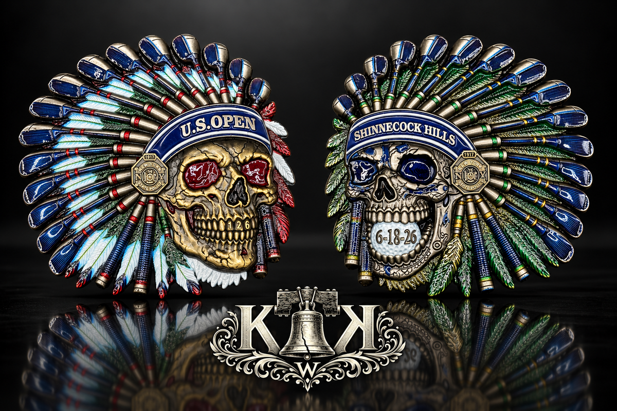 New York State Police US Open challenge coin with headdress skull design, front and back
