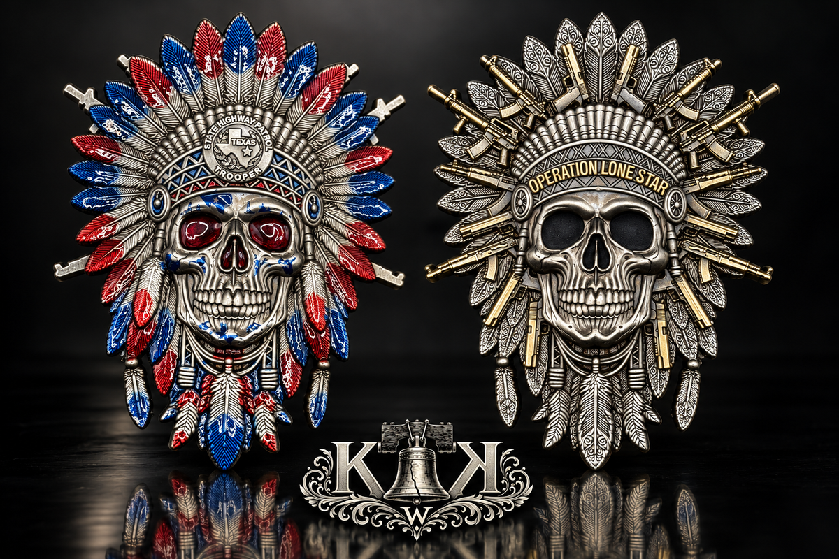 Texas DPS narcotics challenge coin with headdress skull design, front and back