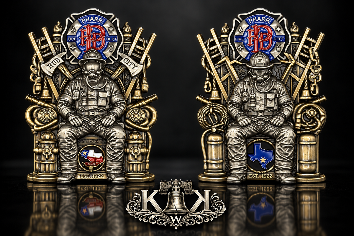 Pharr Fire Department throne challenge coin, front and back