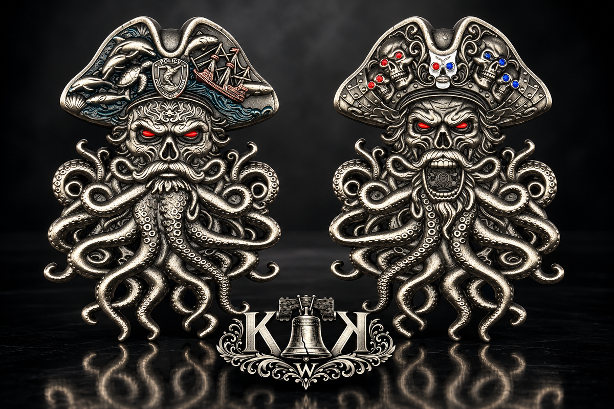 Port Aransas Police Department challenge coin with pirate octopus skull, front and back
