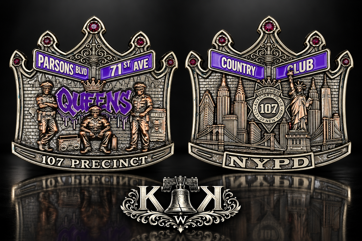 NYPD 107th Precinct Queens challenge coin, front and back