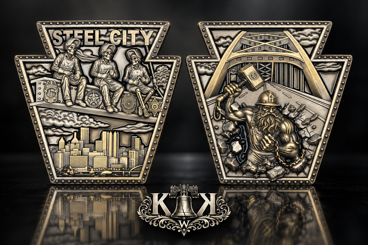 Steel City keystone-shaped challenge coin, front and back