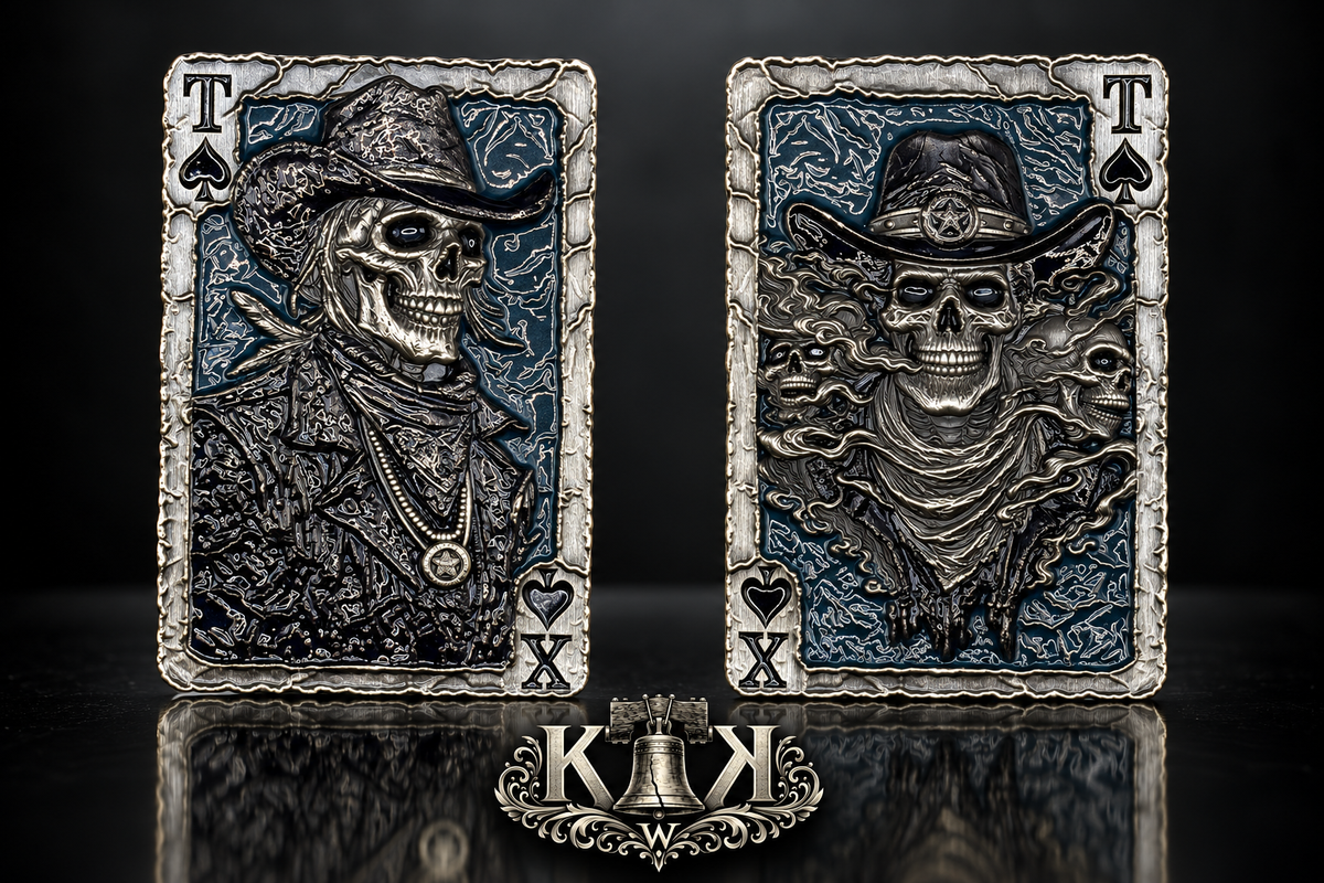 Texas Rangers Company D playing card challenge coin with cowboy skull design, front and back