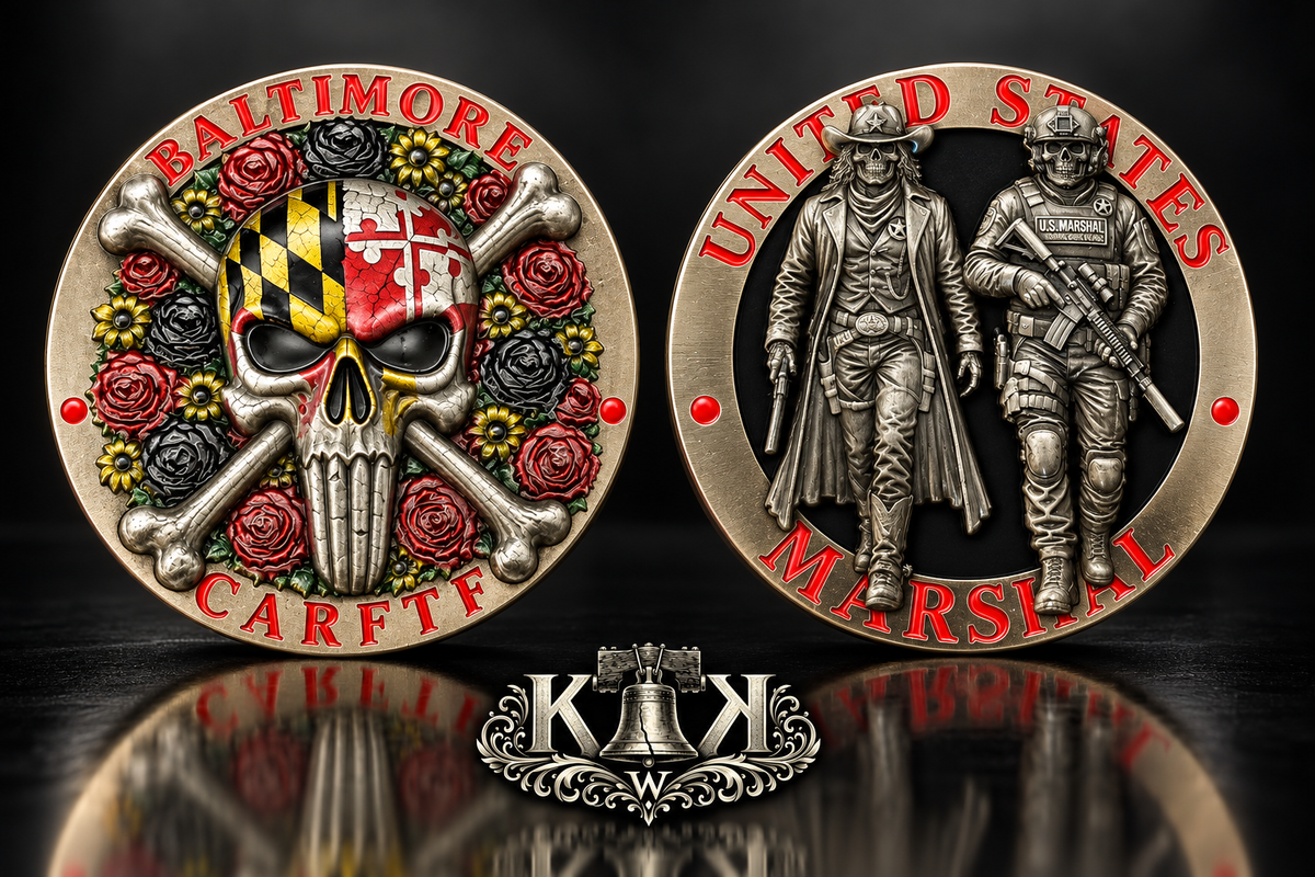 U.S. Marshals Baltimore task force challenge coin with Maryland flag skull, front and back