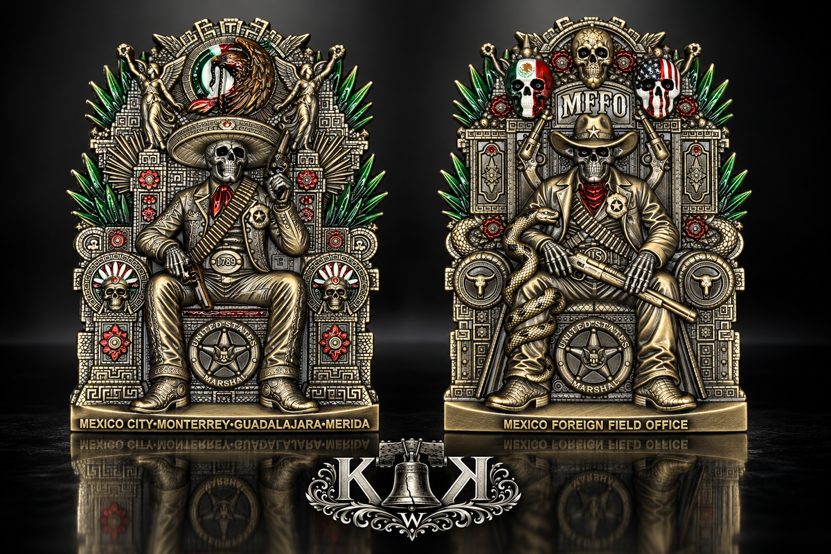 U.S. Marshals throne challenge coin with Mexican flag design, front and back
