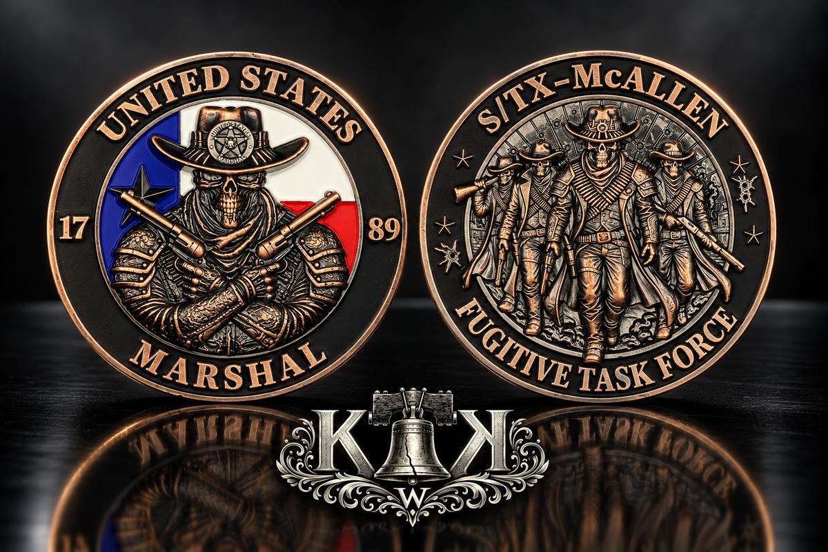 U.S. Marshals McAllen fugitive task force challenge coin, front and back